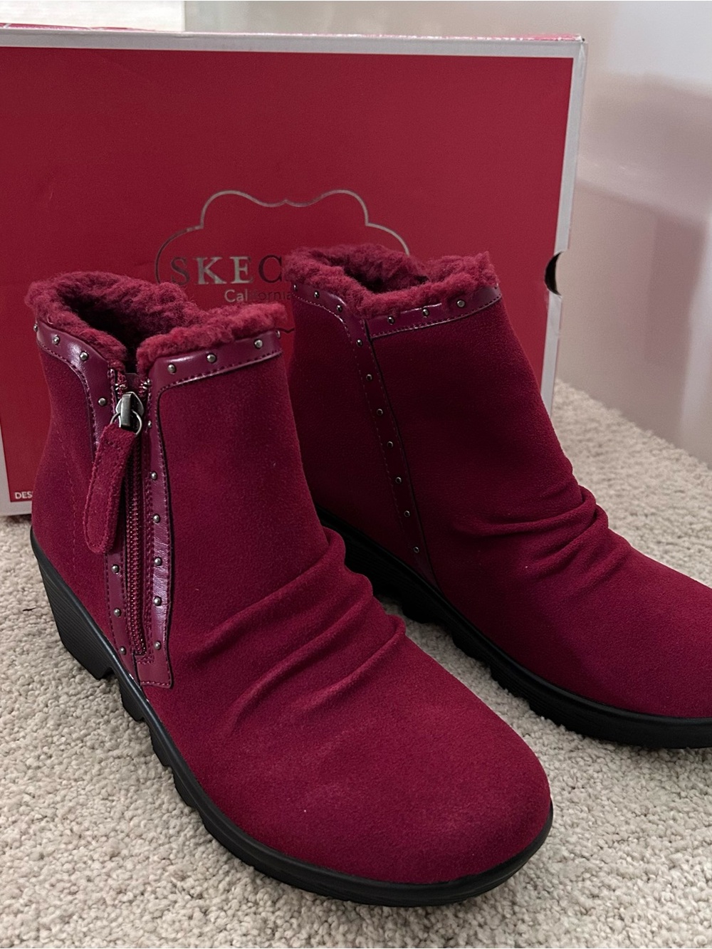 Skechers Women's Burgundy Faux-Suede Ankle Booties with Stud Trim